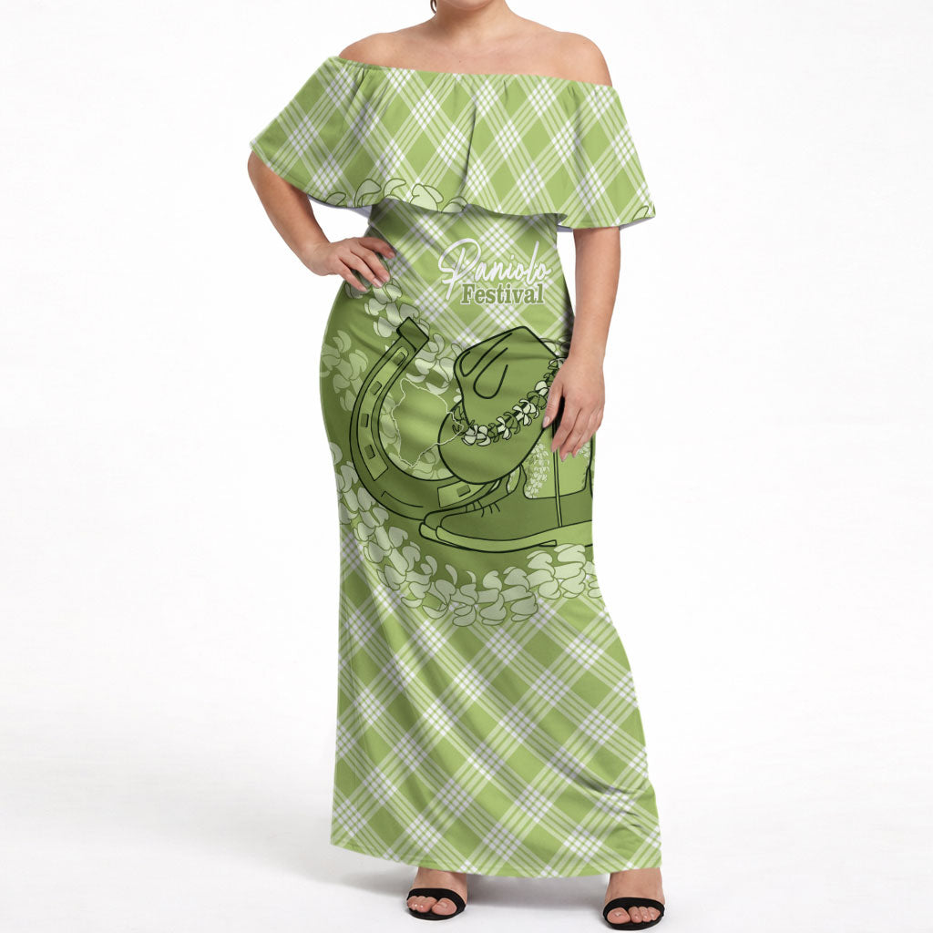 Omaomao Hawaii Cowboy Palaka Motifs Personalised Off Shoulder Maxi Dress Paniolo Festival Puakenikeni Lei
