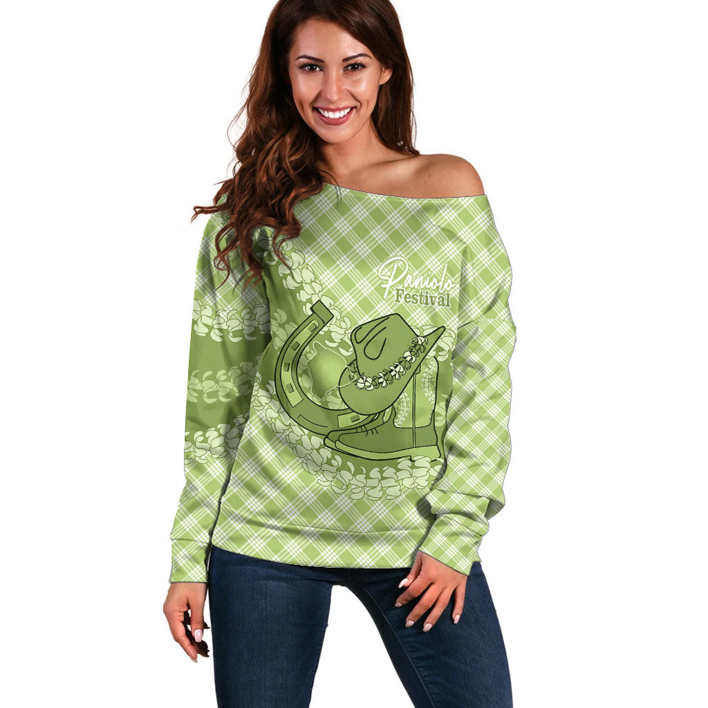 Omaomao Hawaii Cowboy Palaka Motifs Personalised Off Shoulder Sweater Paniolo Festival Puakenikeni Lei