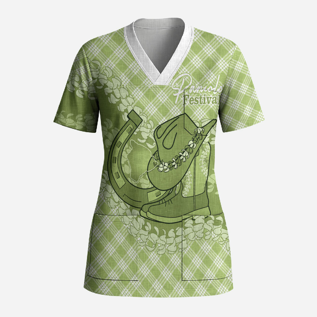 Omaomao Hawaii Cowboy Palaka Motifs Personalised Scrub Top Paniolo Festival Puakenikeni Lei