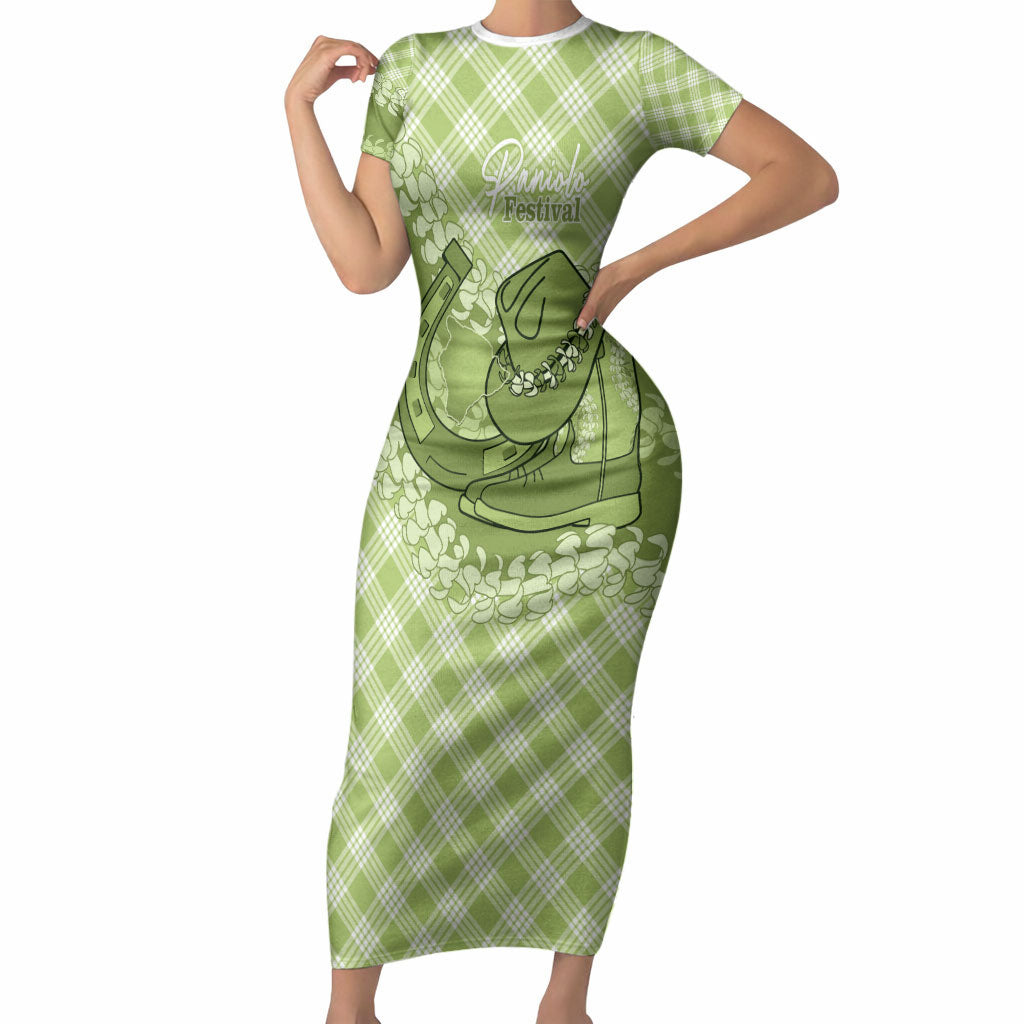 Omaomao Hawaii Cowboy Palaka Motifs Personalised Short Sleeve Bodycon Dress Paniolo Festival Puakenikeni Lei