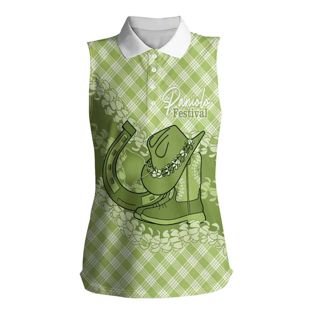 Omaomao Hawaii Cowboy Palaka Motifs Personalised Women Sleeveless Polo Shirt Paniolo Festival Puakenikeni Lei