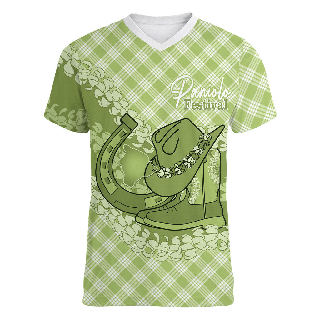 Omaomao Hawaii Cowboy Palaka Motifs Personalised Women V-Neck T-Shirt Paniolo Festival Puakenikeni Lei