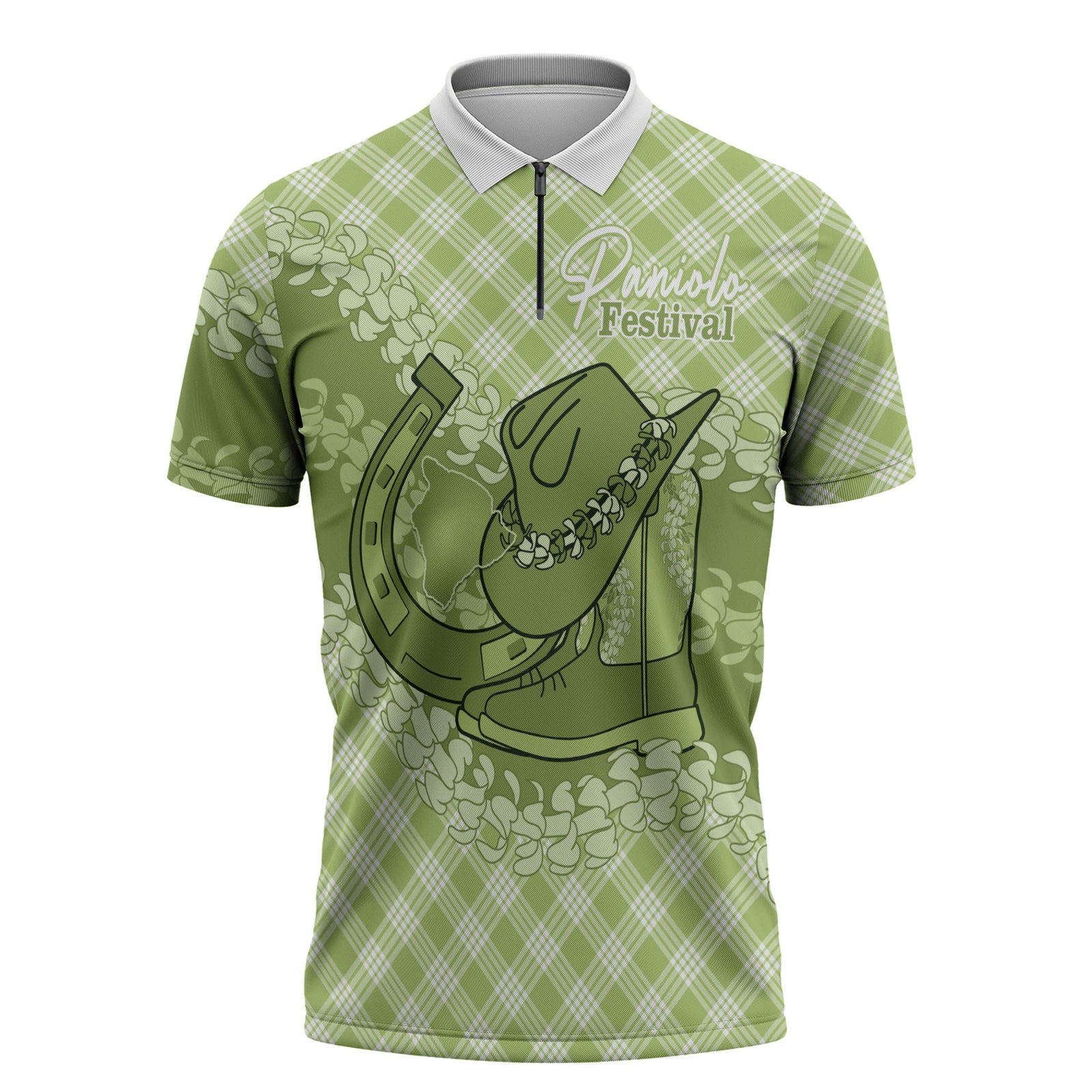 Omaomao Hawaii Cowboy Palaka Motifs Personalised Zipper Polo Shirt Paniolo Festival Puakenikeni Lei