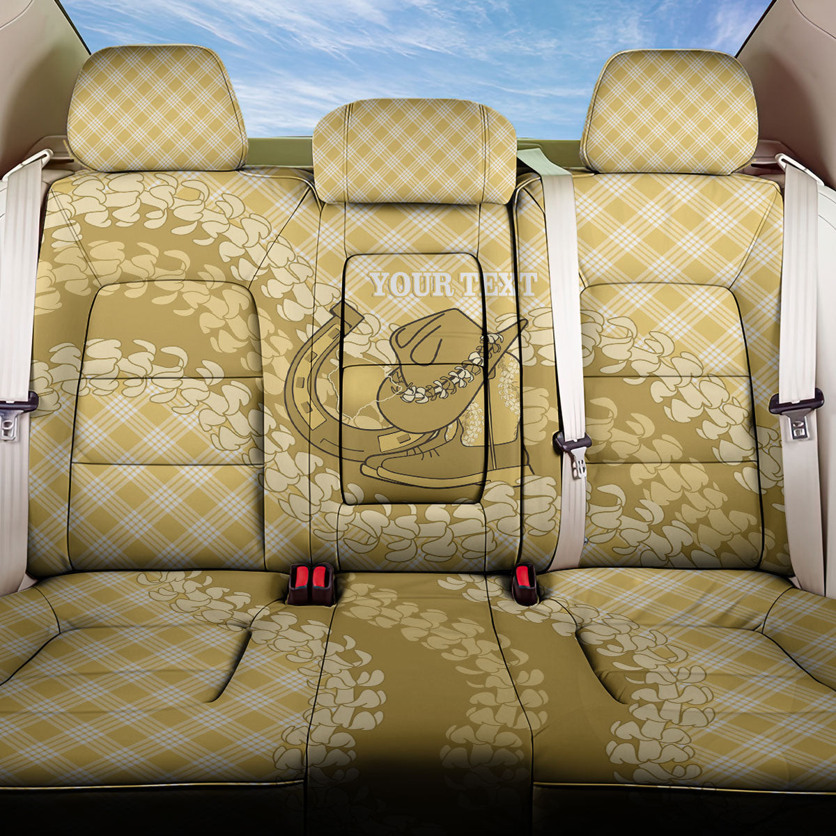 Melemele Hawaii Cowboy Palaka Motifs Personalised Back Car Seat Cover Paniolo Festival Puakenikeni Lei