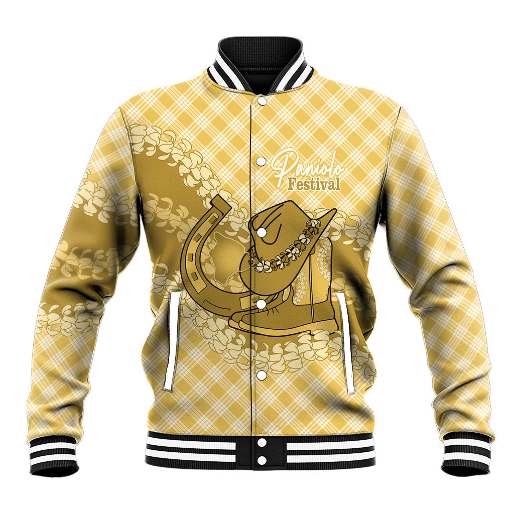 Melemele Hawaii Cowboy Palaka Motifs Personalised Baseball Jacket Paniolo Festival Puakenikeni Lei