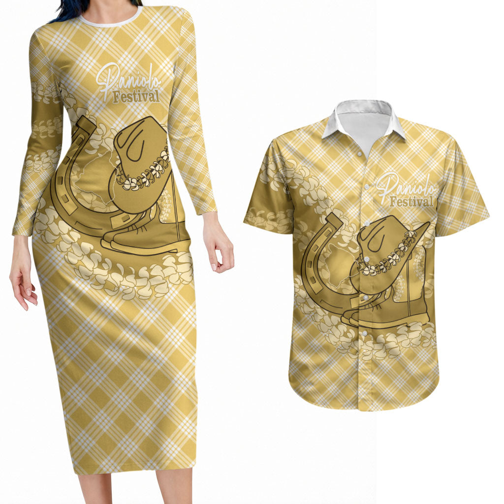 Melemele Hawaii Cowboy Palaka Motifs Personalised Couples Matching Long Sleeve Bodycon Dress and Hawaiian Shirt Paniolo Festival Puakenikeni Lei
