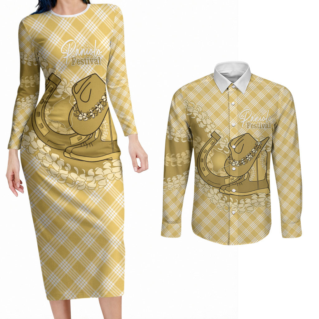 Melemele Hawaii Cowboy Palaka Motifs Personalised Couples Matching Long Sleeve Bodycon Dress and Long Sleeve Button Shirt Paniolo Festival Puakenikeni Lei