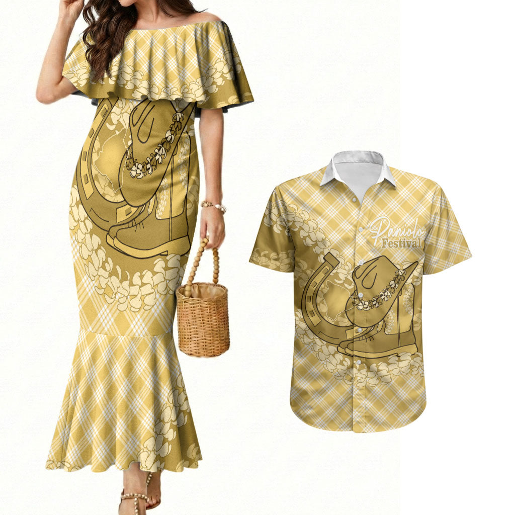 Melemele Hawaii Cowboy Palaka Motifs Personalised Couples Matching Mermaid Dress and Hawaiian Shirt Paniolo Festival Puakenikeni Lei