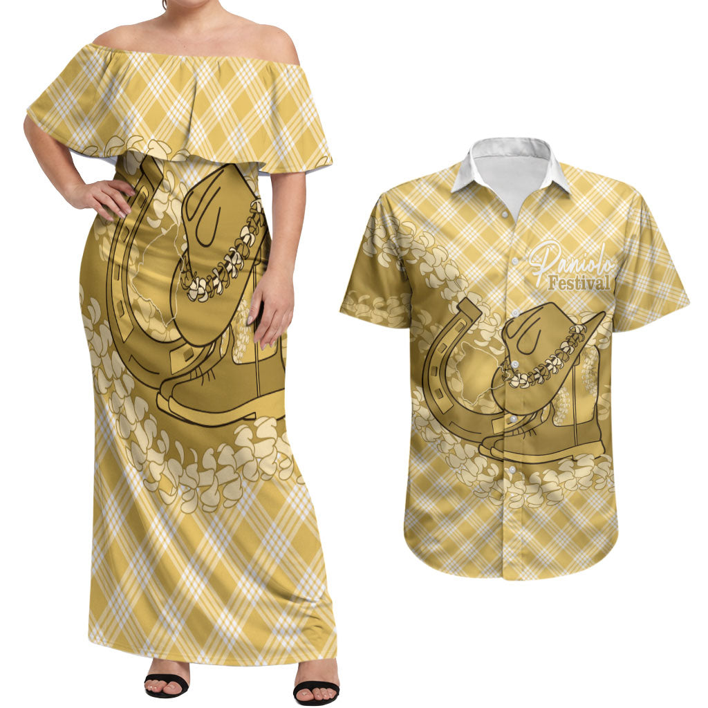 Melemele Hawaii Cowboy Palaka Motifs Personalised Couples Matching Off Shoulder Maxi Dress and Hawaiian Shirt Paniolo Festival Puakenikeni Lei