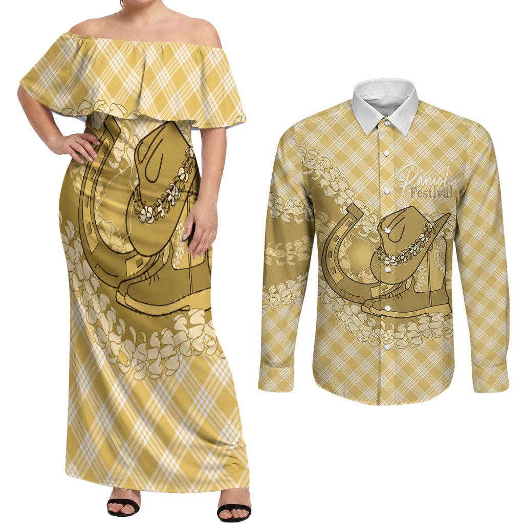 Melemele Hawaii Cowboy Palaka Motifs Personalised Couples Matching Off Shoulder Maxi Dress and Long Sleeve Button Shirt Paniolo Festival Puakenikeni Lei