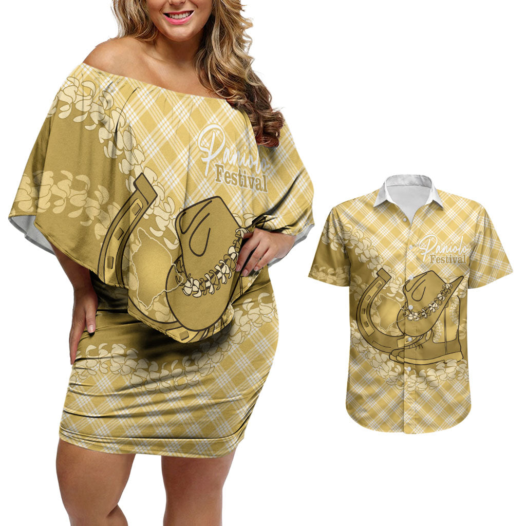 Melemele Hawaii Cowboy Palaka Motifs Personalised Couples Matching Off Shoulder Short Dress and Hawaiian Shirt Paniolo Festival Puakenikeni Lei