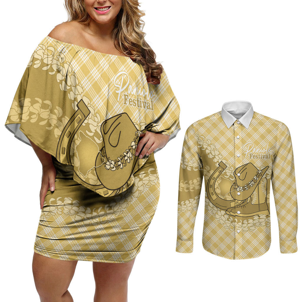 Melemele Hawaii Cowboy Palaka Motifs Personalised Couples Matching Off Shoulder Short Dress and Long Sleeve Button Shirt Paniolo Festival Puakenikeni Lei