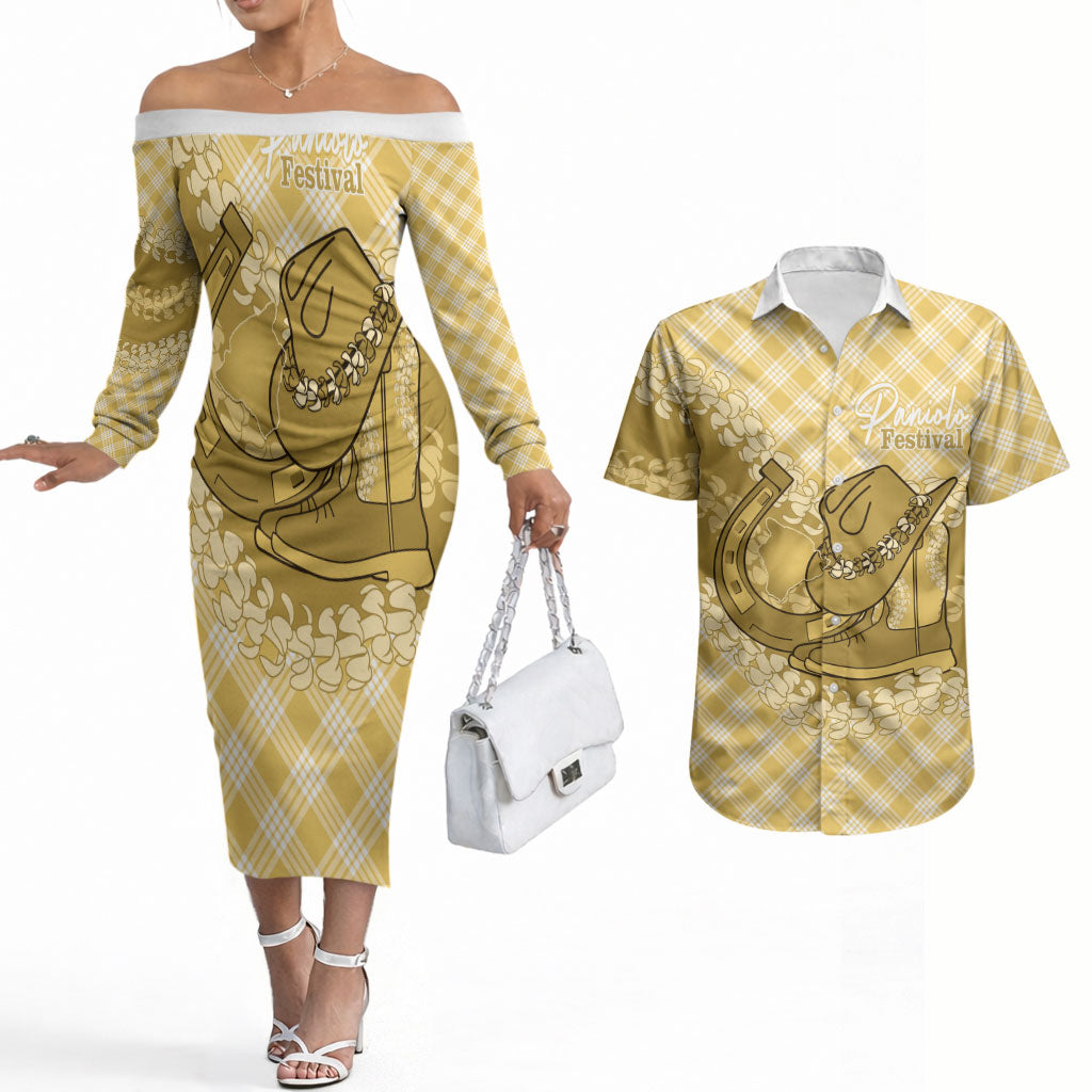 Melemele Hawaii Cowboy Palaka Motifs Personalised Couples Matching Off The Shoulder Long Sleeve Dress and Hawaiian Shirt Paniolo Festival Puakenikeni Lei