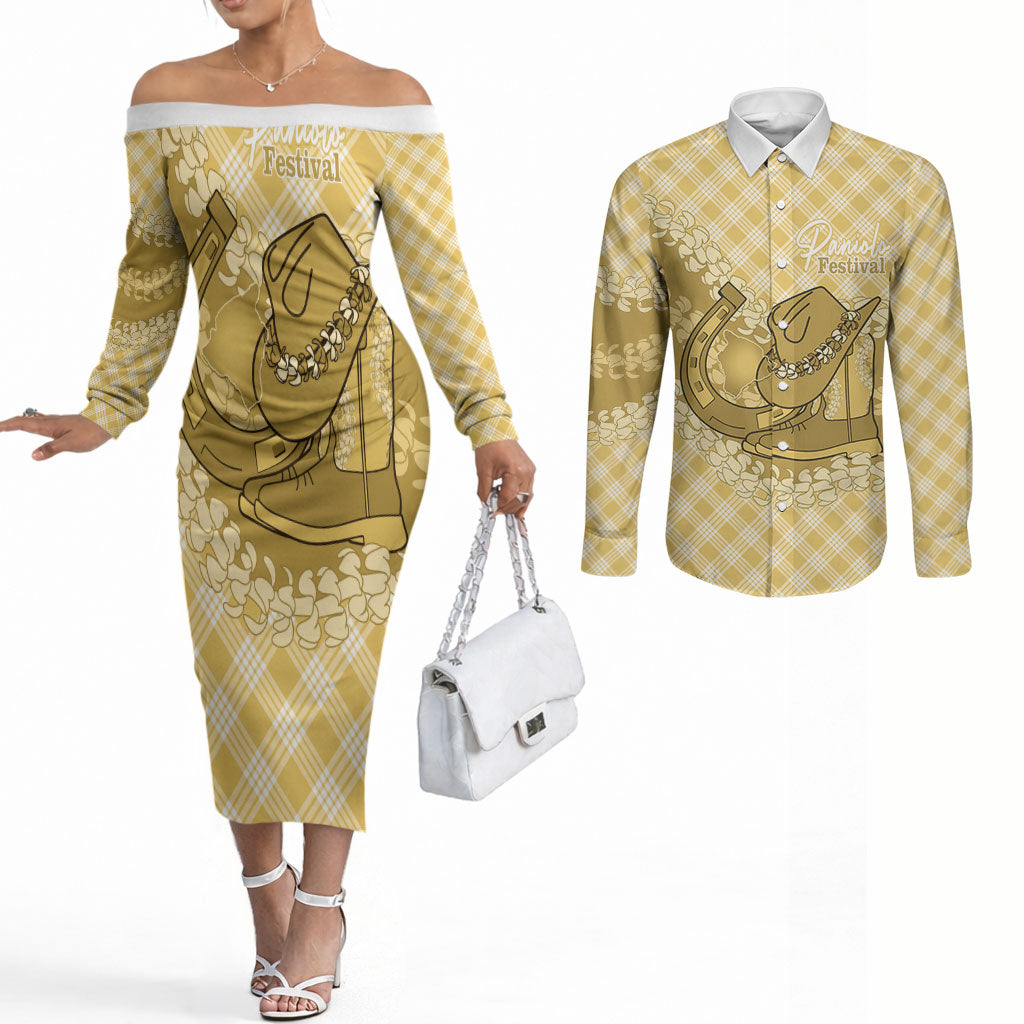 Melemele Hawaii Cowboy Palaka Motifs Personalised Couples Matching Off The Shoulder Long Sleeve Dress and Long Sleeve Button Shirt Paniolo Festival Puakenikeni Lei
