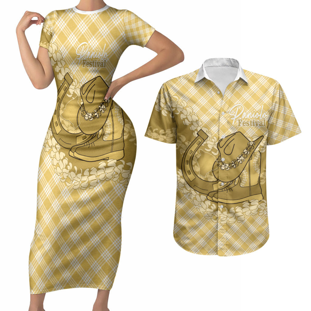 Melemele Hawaii Cowboy Palaka Motifs Personalised Couples Matching Short Sleeve Bodycon Dress and Hawaiian Shirt Paniolo Festival Puakenikeni Lei