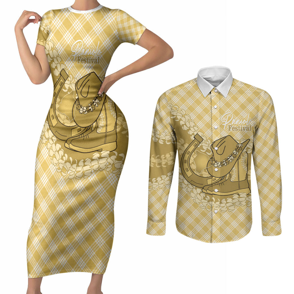 Melemele Hawaii Cowboy Palaka Motifs Personalised Couples Matching Short Sleeve Bodycon Dress and Long Sleeve Button Shirt Paniolo Festival Puakenikeni Lei