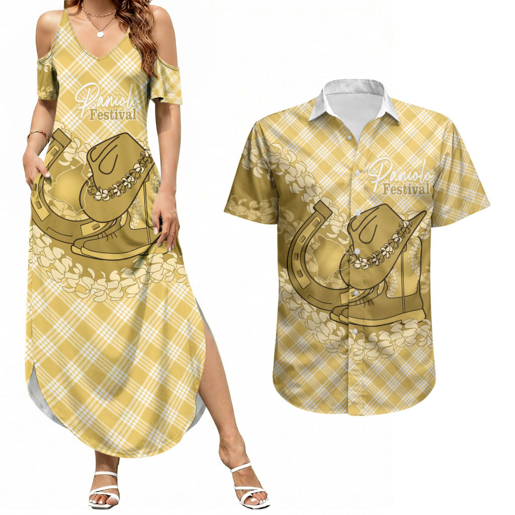 Melemele Hawaii Cowboy Palaka Motifs Personalised Couples Matching Summer Maxi Dress and Hawaiian Shirt Paniolo Festival Puakenikeni Lei