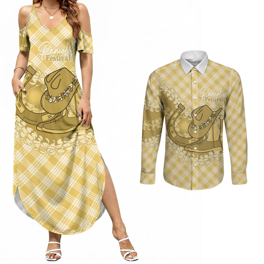 Melemele Hawaii Cowboy Palaka Motifs Personalised Couples Matching Summer Maxi Dress and Long Sleeve Button Shirt Paniolo Festival Puakenikeni Lei