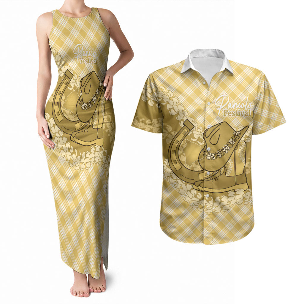 Melemele Hawaii Cowboy Palaka Motifs Personalised Couples Matching Tank Maxi Dress and Hawaiian Shirt Paniolo Festival Puakenikeni Lei