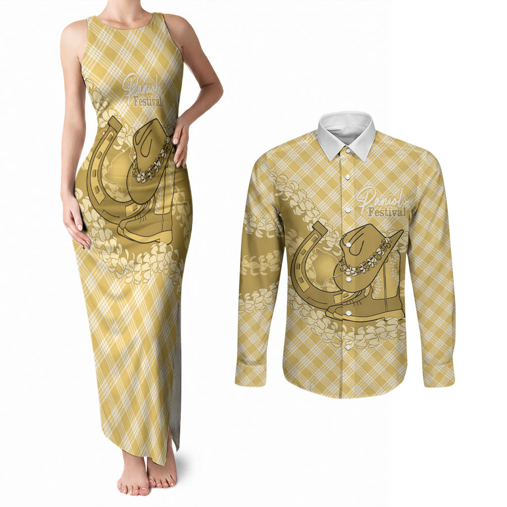 Melemele Hawaii Cowboy Palaka Motifs Personalised Couples Matching Tank Maxi Dress and Long Sleeve Button Shirt Paniolo Festival Puakenikeni Lei