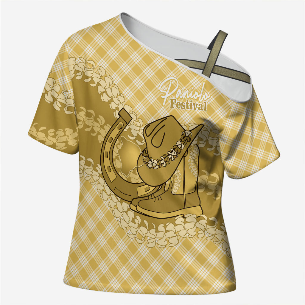 Melemele Hawaii Cowboy Palaka Motifs Personalised Cross Shoulder Shirt Paniolo Festival Puakenikeni Lei