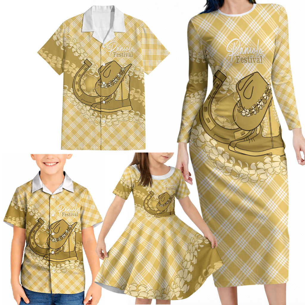 Melemele Hawaii Cowboy Palaka Motifs Personalised Family Matching Long Sleeve Bodycon Dress and Hawaiian Shirt Paniolo Festival Puakenikeni Lei