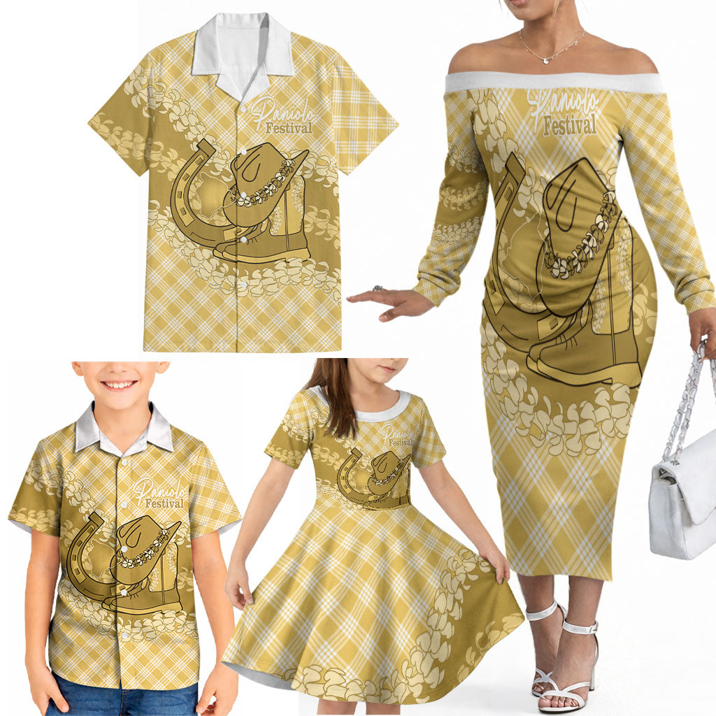 Melemele Hawaii Cowboy Palaka Motifs Personalised Family Matching Off The Shoulder Long Sleeve Dress and Hawaiian Shirt Paniolo Festival Puakenikeni Lei LT14 - Polynesian Pride