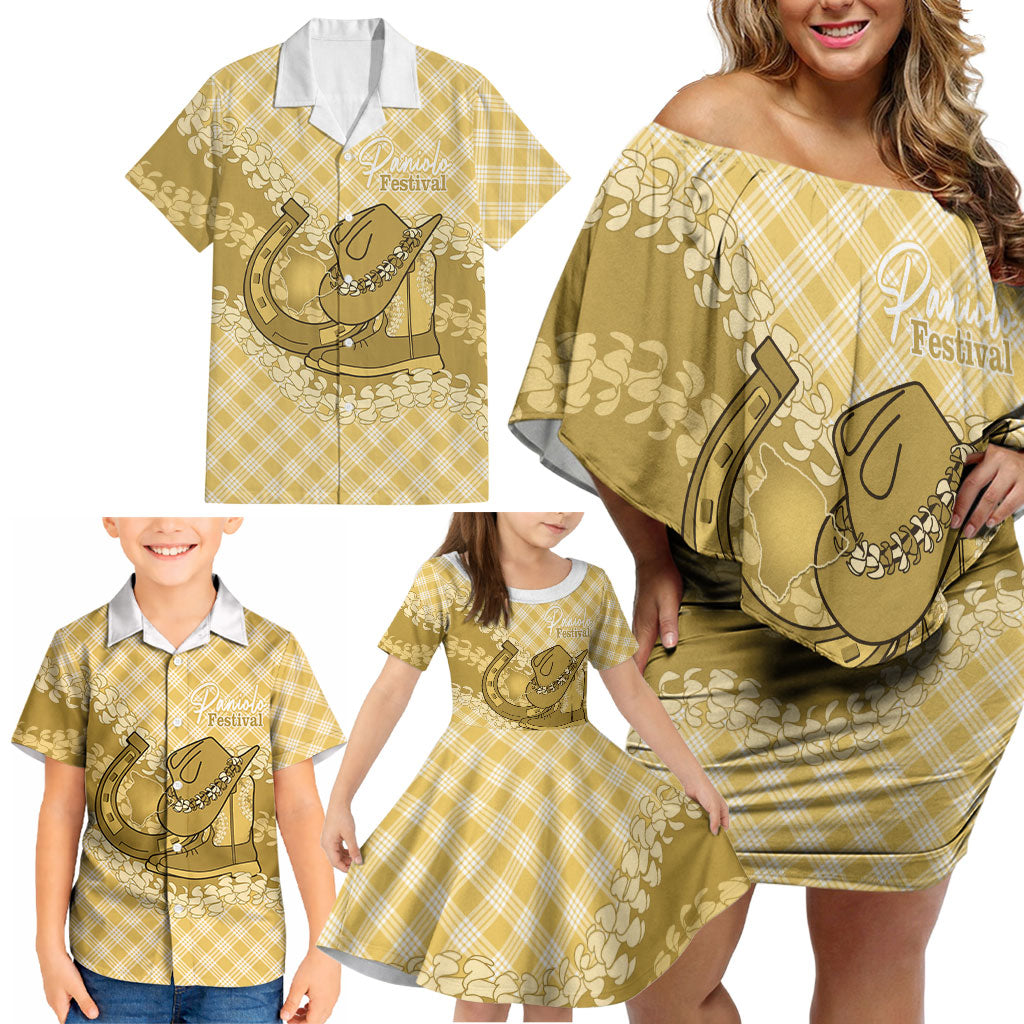 Melemele Hawaii Cowboy Palaka Motifs Personalised Family Matching Off Shoulder Short Dress and Hawaiian Shirt Paniolo Festival Puakenikeni Lei
