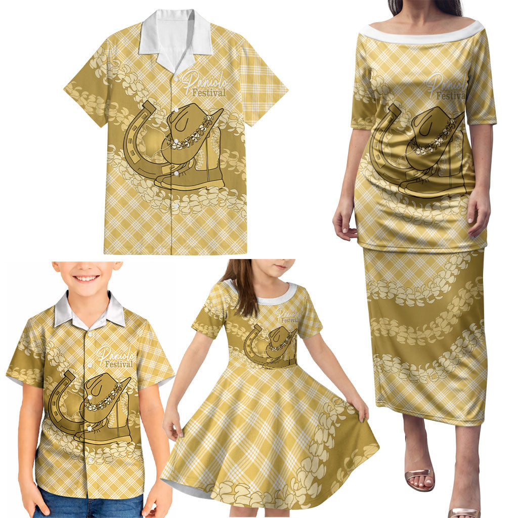 Melemele Hawaii Cowboy Palaka Motifs Personalised Family Matching Puletasi and Hawaiian Shirt Paniolo Festival Puakenikeni Lei