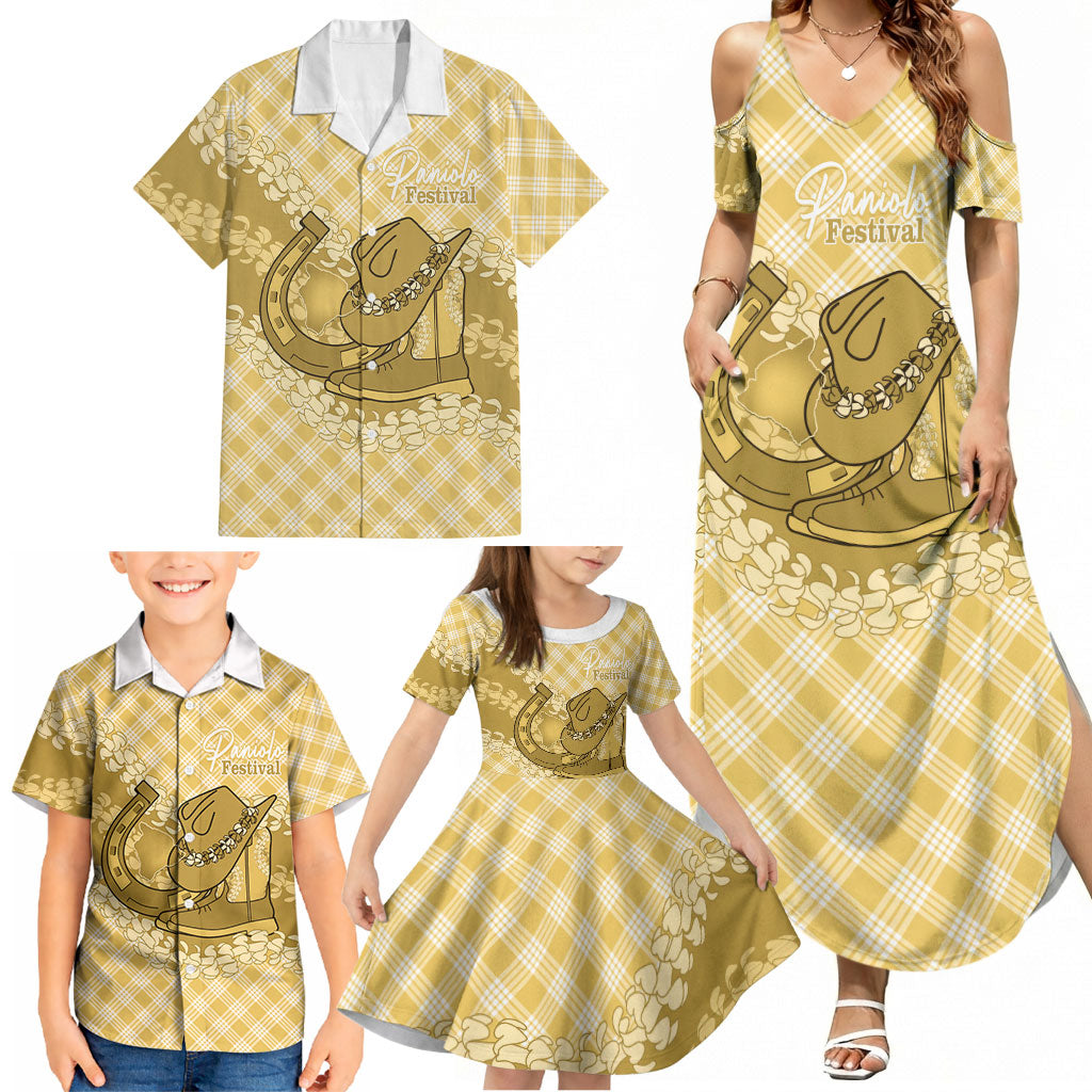 Melemele Hawaii Cowboy Palaka Motifs Personalised Family Matching Summer Maxi Dress and Hawaiian Shirt Paniolo Festival Puakenikeni Lei