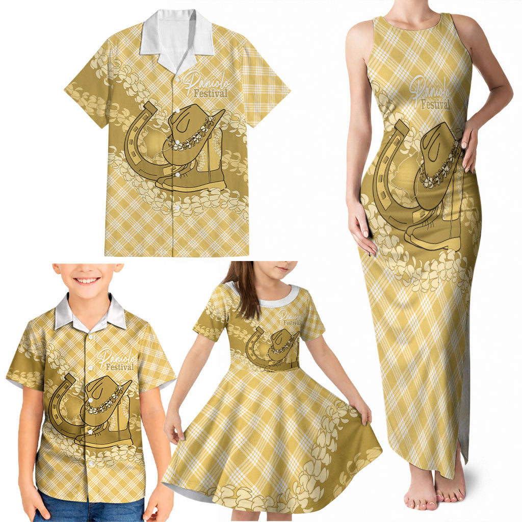 Melemele Hawaii Cowboy Palaka Motifs Personalised Family Matching Tank Maxi Dress and Hawaiian Shirt Paniolo Festival Puakenikeni Lei