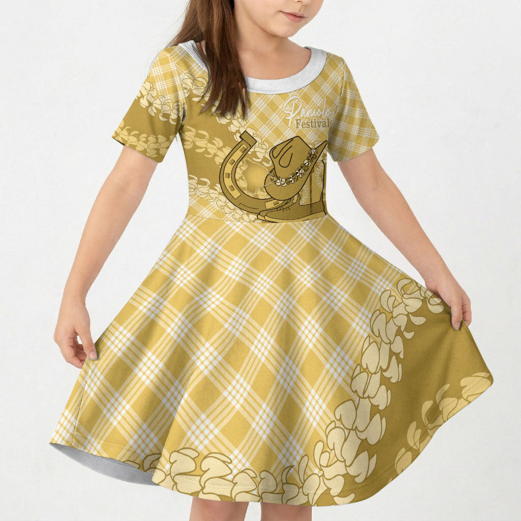 Melemele Hawaii Cowboy Palaka Motifs Personalised Kid Short Sleeve Dress Paniolo Festival Puakenikeni Lei