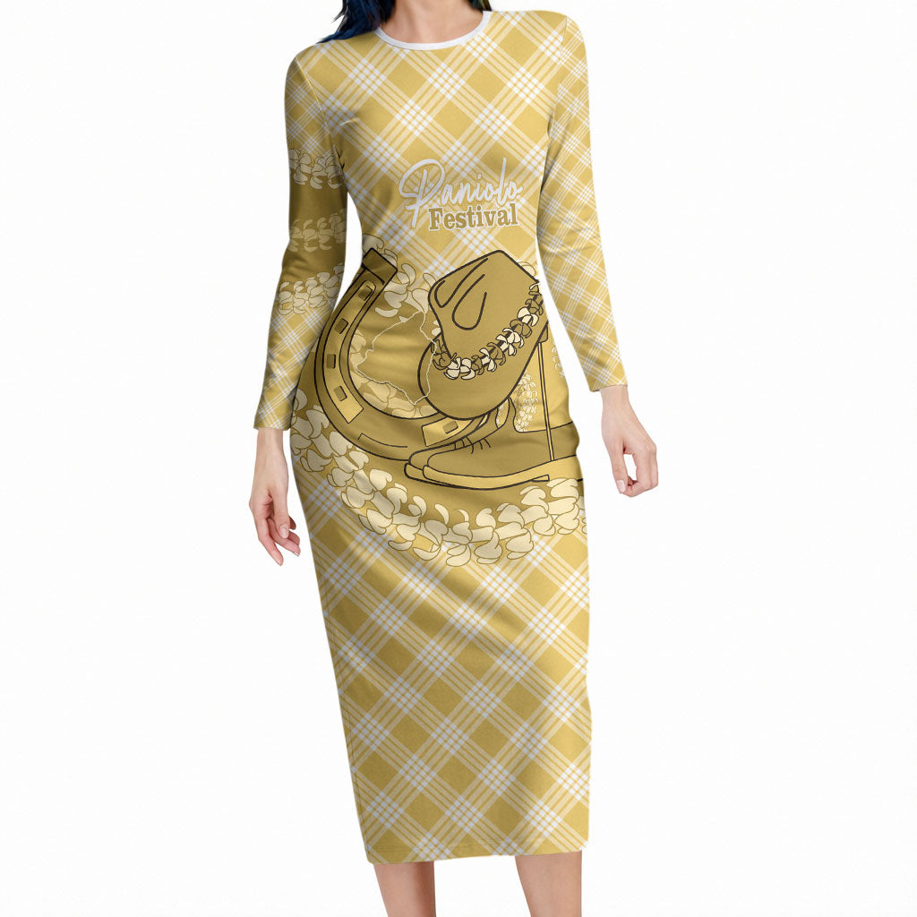 Melemele Hawaii Cowboy Palaka Motifs Personalised Long Sleeve Bodycon Dress Paniolo Festival Puakenikeni Lei