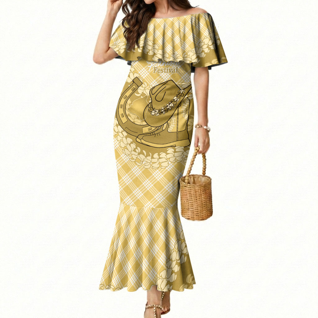 Melemele Hawaii Cowboy Palaka Motifs Personalised Mermaid Dress Paniolo Festival Puakenikeni Lei