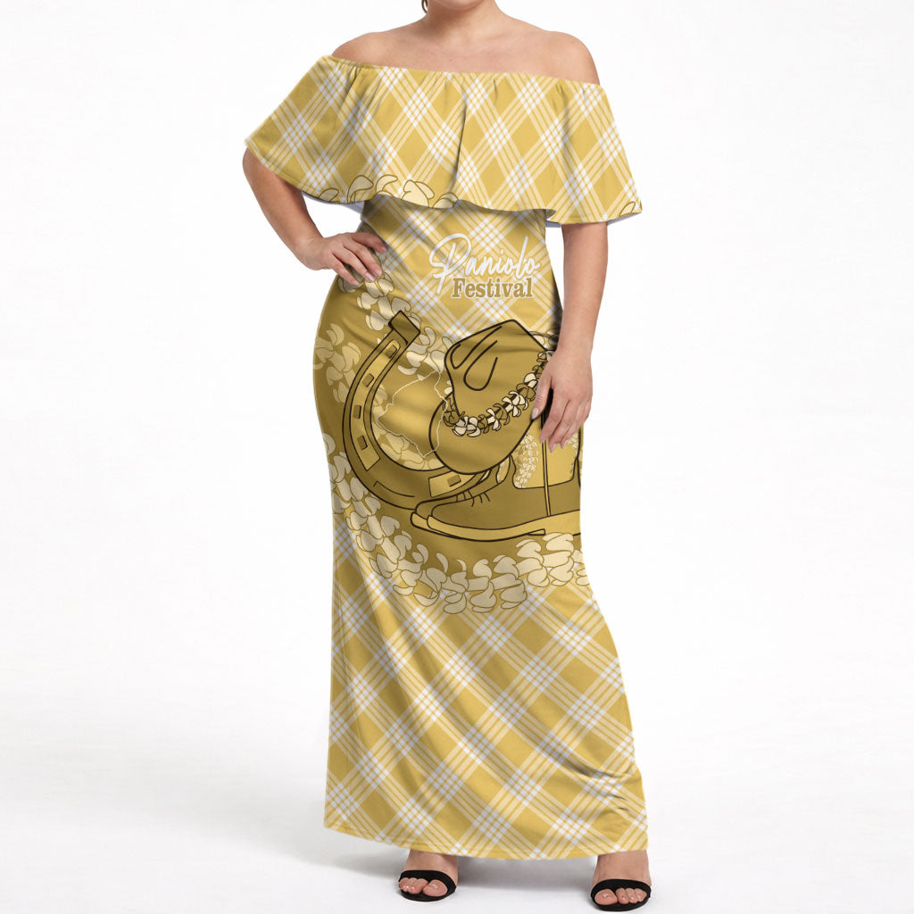 Melemele Hawaii Cowboy Palaka Motifs Personalised Off Shoulder Maxi Dress Paniolo Festival Puakenikeni Lei