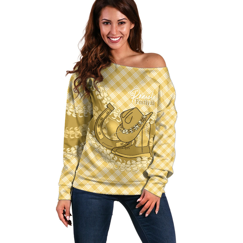 Melemele Hawaii Cowboy Palaka Motifs Personalised Off Shoulder Sweater Paniolo Festival Puakenikeni Lei