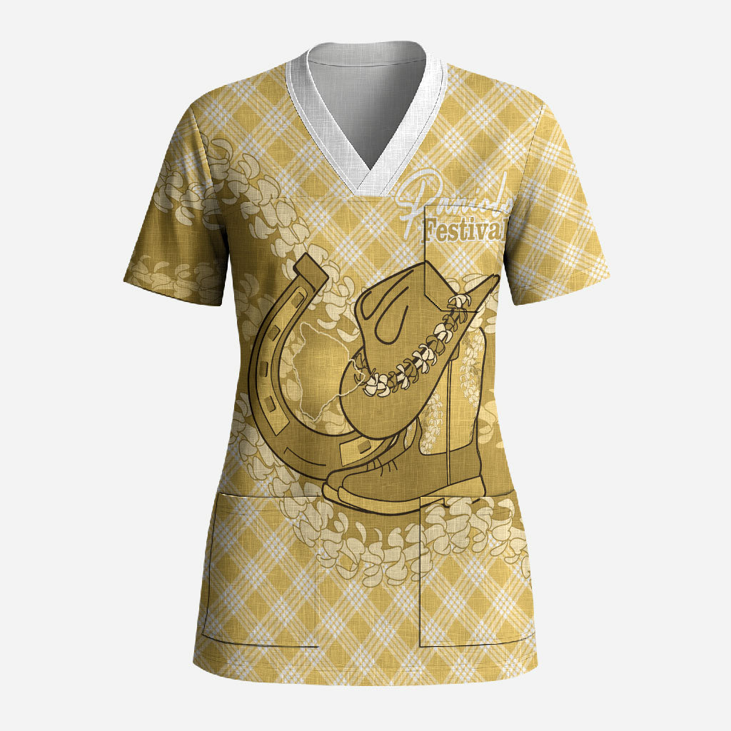 Melemele Hawaii Cowboy Palaka Motifs Personalised Scrub Top Paniolo Festival Puakenikeni Lei