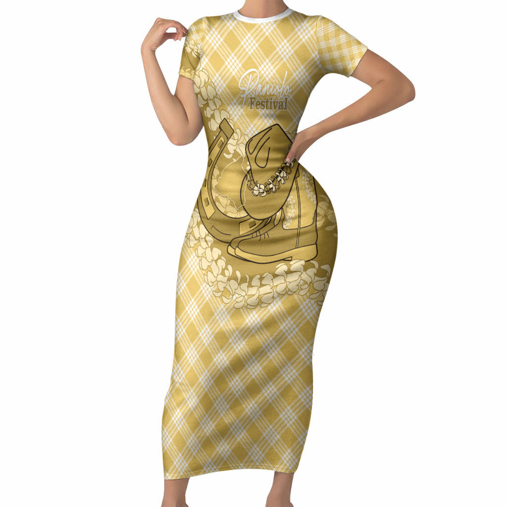 Melemele Hawaii Cowboy Palaka Motifs Personalised Short Sleeve Bodycon Dress Paniolo Festival Puakenikeni Lei