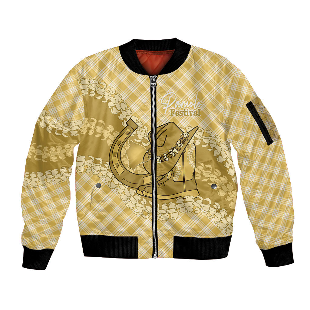 Melemele Hawaii Cowboy Palaka Motifs Personalised Sleeve Zip Bomber Jacket Paniolo Festival Puakenikeni Lei