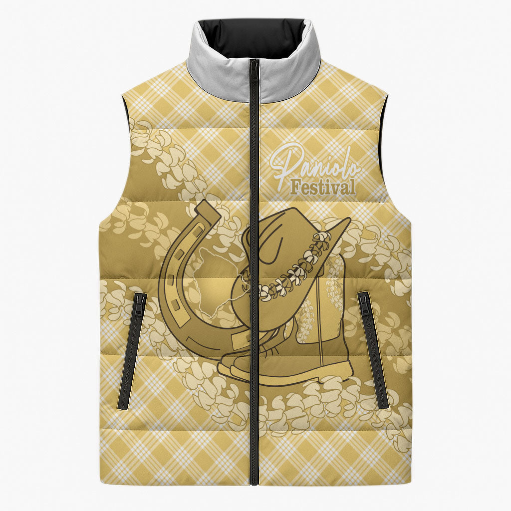 Melemele Hawaii Cowboy Palaka Motifs Personalised Sleeveless Puffer Jacket Paniolo Festival Puakenikeni Lei