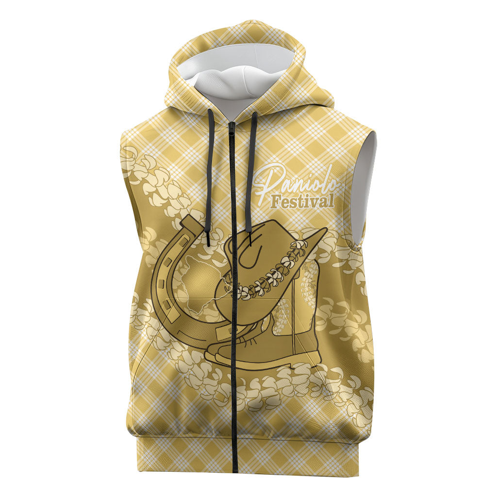 Melemele Hawaii Cowboy Palaka Motifs Personalised Sleeveless Zip Hoodie Paniolo Festival Puakenikeni Lei