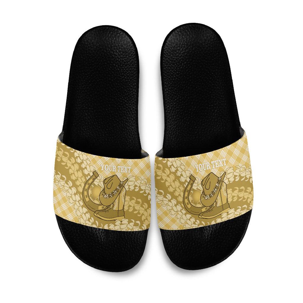 Melemele Hawaii Cowboy Palaka Motifs Personalised Slide Sandals Paniolo Festival Puakenikeni Lei