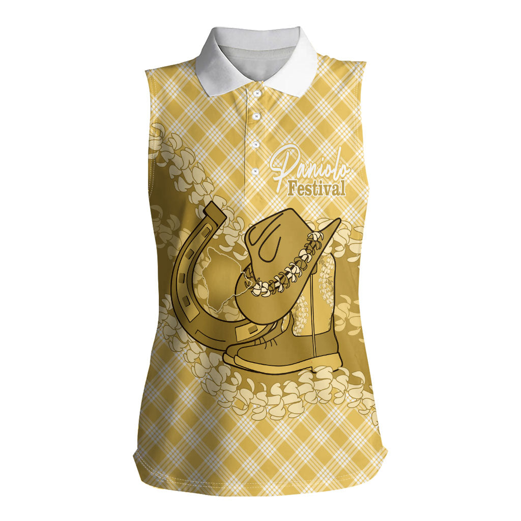 Melemele Hawaii Cowboy Palaka Motifs Personalised Women Sleeveless Polo Shirt Paniolo Festival Puakenikeni Lei