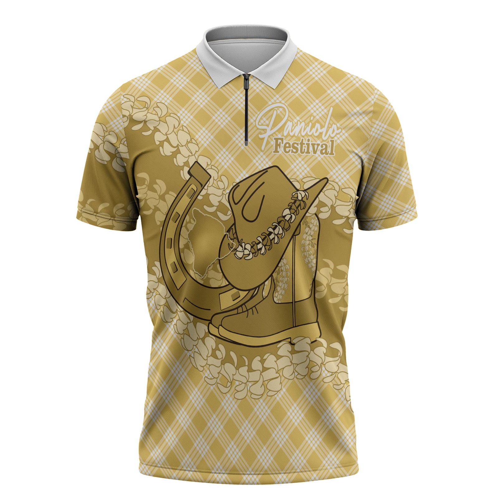 Melemele Hawaii Cowboy Palaka Motifs Personalised Zipper Polo Shirt Paniolo Festival Puakenikeni Lei