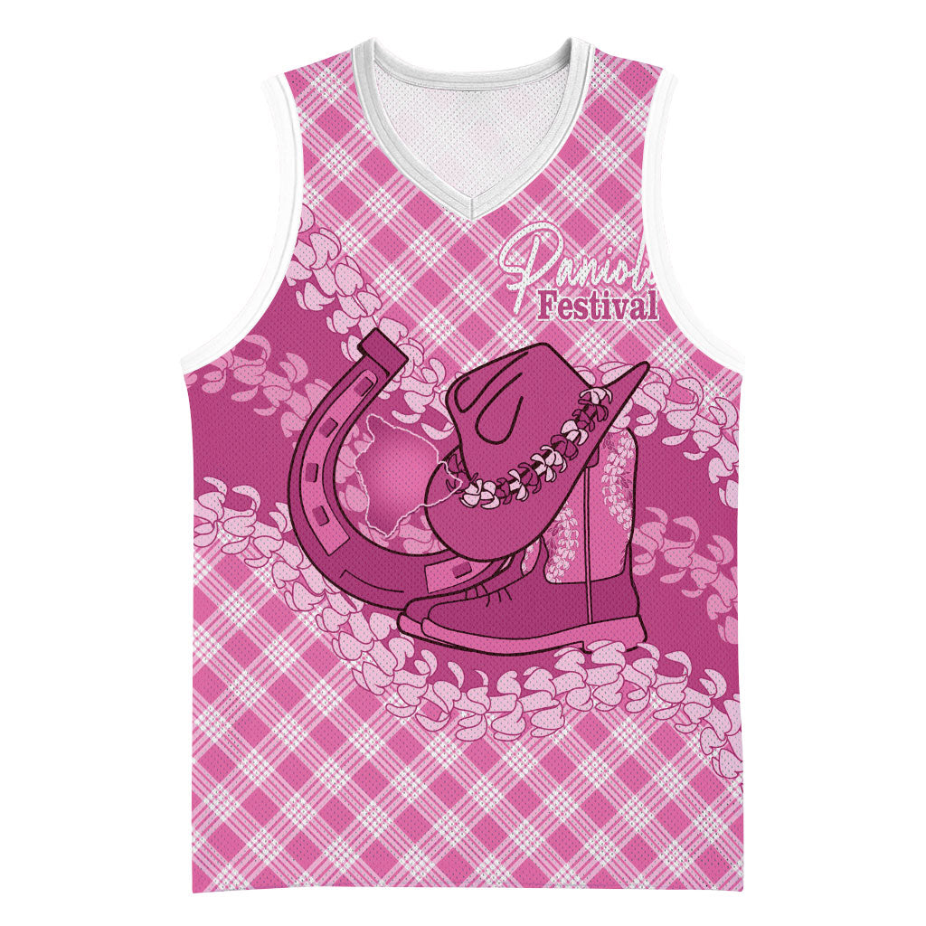 Alaka Hawaii Cowboy Palaka Motifs Personalised Basketball Jersey Paniolo Festival Puakenikeni Lei