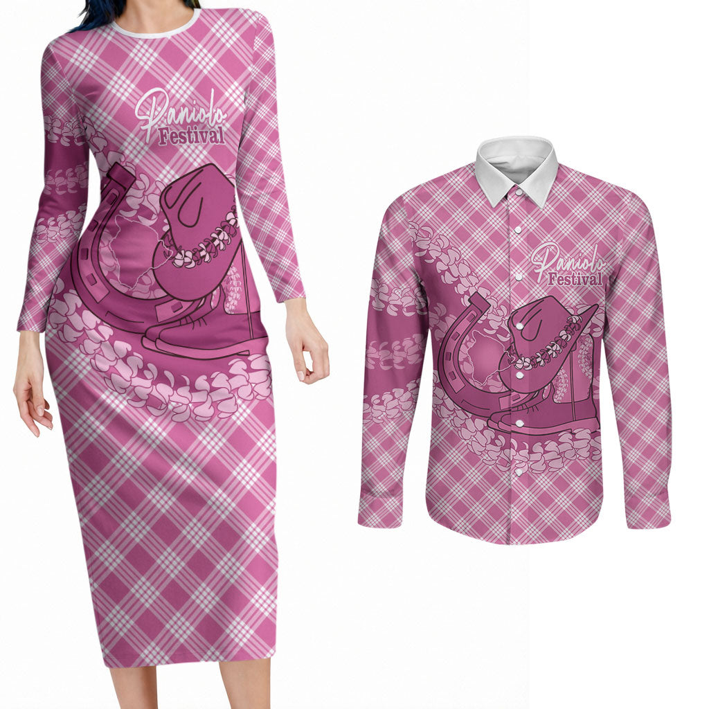 Alaka Hawaii Cowboy Palaka Motifs Personalised Couples Matching Long Sleeve Bodycon Dress and Long Sleeve Button Shirt Paniolo Festival Puakenikeni Lei