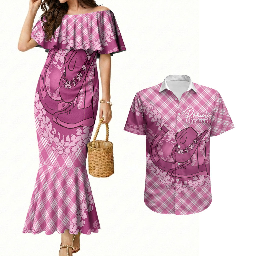 Alaka Hawaii Cowboy Palaka Motifs Personalised Couples Matching Mermaid Dress and Hawaiian Shirt Paniolo Festival Puakenikeni Lei