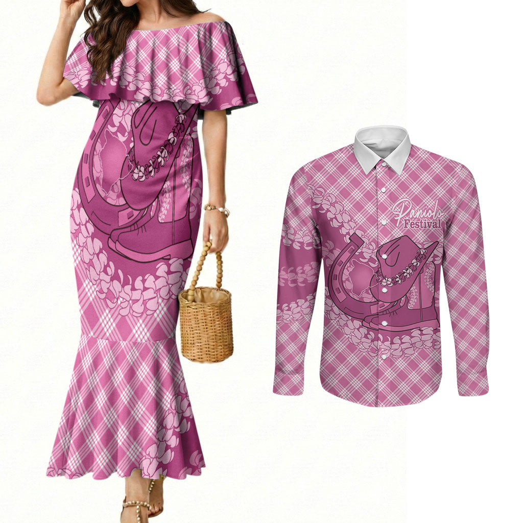 Alaka Hawaii Cowboy Palaka Motifs Personalised Couples Matching Mermaid Dress and Long Sleeve Button Shirt Paniolo Festival Puakenikeni Lei