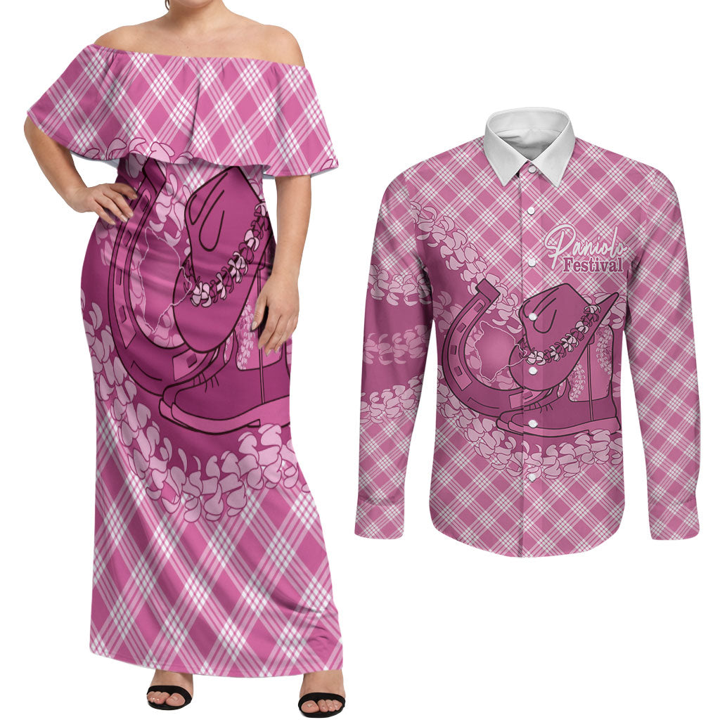 Alaka Hawaii Cowboy Palaka Motifs Personalised Couples Matching Off Shoulder Maxi Dress and Long Sleeve Button Shirt Paniolo Festival Puakenikeni Lei