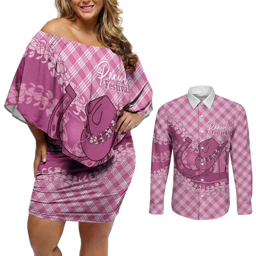 Alaka Hawaii Cowboy Palaka Motifs Personalised Couples Matching Off Shoulder Short Dress and Long Sleeve Button Shirt Paniolo Festival Puakenikeni Lei